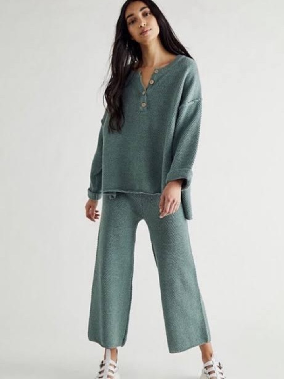 Free People Hailey Waffle Set Henley Top & Wide-Leg Lounge Pants - Sage Green